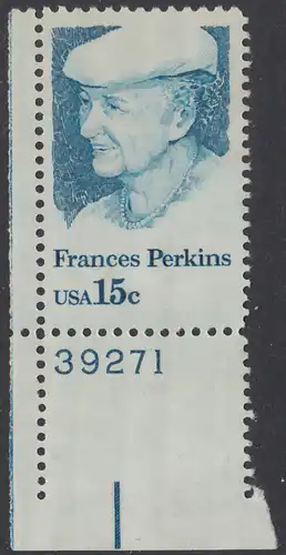 USA Michel 1427 / Scott 1821 postfrisch EINZELMARKE ECKRAND unten links m/ Platten-# 39271 - Frances Perkins, erstes weibliches Regierungsmitglied