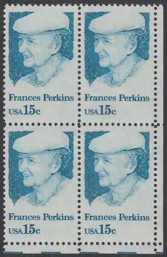 USA Michel 1427 / Scott 1821 postfrisch BLOCK ECKRAND unten rechts - Frances Perkins, erstes weibliches Regierungsmitglied