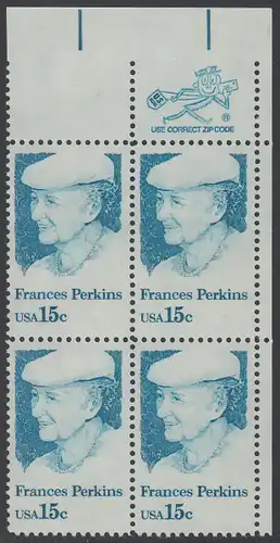 USA Michel 1427 / Scott 1821 postfrisch ZIP-BLOCK (ur) - Frances Perkins, erstes weibliches Regierungsmitglied