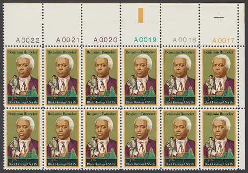 USA Michel 1420 / Scott 1804 postfrisch horiz.PLATEBLOCK(12) ECKRAND oben rechts m/ Platten-# A0017 - Schwarzamerikanisches Erbe: Benjamin Banneker, Mathematiker und Astronom; Vermessungsgerät