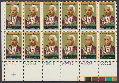 USA Michel 1420 / Scott 1804 postfrisch horiz.PLATEBLOCK(12) ECKRAND unten links m/ Platten-# A0017 - Schwarzamerikanisches Erbe: Benjamin Banneker, Mathematiker und Astronom; Vermessungsgerät