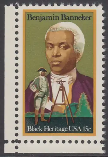 USA Michel 1420 / Scott 1804 postfrisch EINZELMARKE ECKRAND unten links - Schwarzamerikanisches Erbe: Benjamin Banneker, Mathematiker und Astronom; Vermessungsgerät