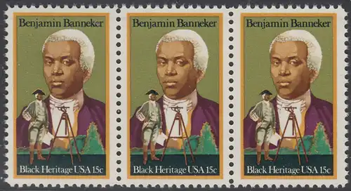 USA Michel 1420 / Scott 1804 postfrisch horiz.STRIP(3) - Schwarzamerikanisches Erbe: Benjamin Banneker, Mathematiker und Astronom; Vermessungsgerät