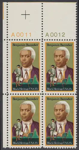 USA Michel 1420 / Scott 1804 postfrisch BLOCK ECKRAND oben links m/ Platten-# A0011 - Schwarzamerikanisches Erbe: Benjamin Banneker, Mathematiker und Astronom; Vermessungsgerät