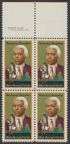 USA Michel 1420 / Scott 1804 postfrisch BLOCK RÄNDER oben m/ copyright symbol - Schwarzamerikanisches Erbe: Benjamin Banneker, Mathematiker und Astronom; Vermessungsgerät