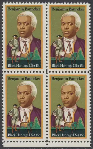 USA Michel 1420 / Scott 1804 postfrisch BLOCK RÄNDER unten - Schwarzamerikanisches Erbe: Benjamin Banneker, Mathematiker und Astronom; Vermessungsgerät