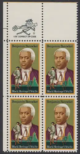 USA Michel 1420 / Scott 1804 postfrisch ZIP-BLOCK (ul) - Schwarzamerikanisches Erbe: Benjamin Banneker, Mathematiker und Astronom; Vermessungsgerät