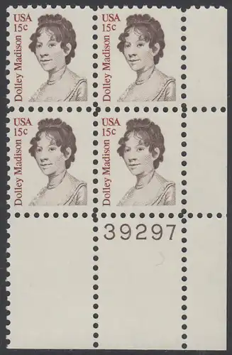 USA Michel 1428 / Scott 1822 postfrisch PLATEBLOCK ECKRAND unten rechts m/ Platten-# 39297 (a) - Amerikanische Persönlichkeiten: Dolly Madison, Präsidentengattin