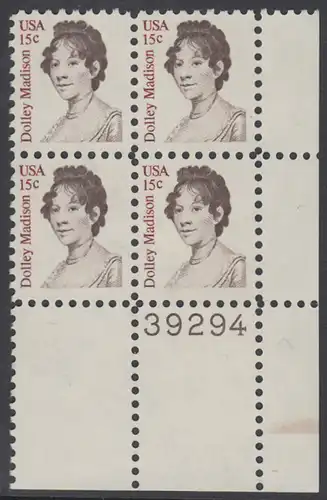 USA Michel 1428 / Scott 1822 postfrisch PLATEBLOCK ECKRAND unten rechts m/ Platten-# 39294 - Amerikanische Persönlichkeiten: Dolly Madison, Präsidentengattin