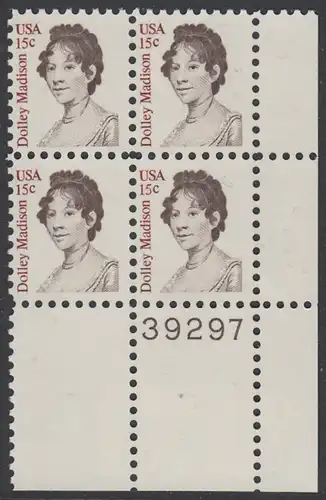 USA Michel 1428 / Scott 1822 postfrisch PLATEBLOCK ECKRAND unten rechts m/ Platten-# 39297 (b) - Amerikanische Persönlichkeiten: Dolly Madison, Präsidentengattin