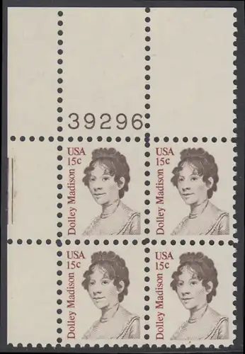 USA Michel 1428 / Scott 1822 postfrisch PLATEBLOCK ECKRAND oben links m/ Platten-# 39296 - Amerikanische Persönlichkeiten: Dolly Madison, Präsidentengattin