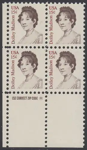 USA Michel 1428 / Scott 1822 postfrisch ZIP-BLOCK (ll) - Amerikanische Persönlichkeiten: Dolly Madison, Präsidentengattin
