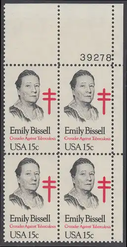 USA Michel 1429 / Scott 1823 postfrisch PLATEBLOCK ECKRAND oben rechts m/ Platten-# 39278 - Emily Bissell (1861-1948), Kämpferin gegen die Tuberkulose