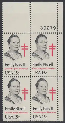 USA Michel 1429 / Scott 1823 postfrisch PLATEBLOCK ECKRAND oben rechts m/ Platten-# 39279 - Emily Bissell (1861-1948), Kämpferin gegen die Tuberkulose