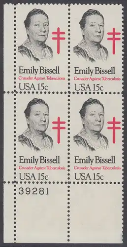 USA Michel 1429 / Scott 1823 postfrisch PLATEBLOCK ECKRAND unten links m/ Platten-# 39281 - Emily Bissell (1861-1948), Kämpferin gegen die Tuberkulose