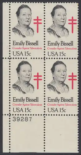 USA Michel 1429 / Scott 1823 postfrisch PLATEBLOCK ECKRAND unten links m/ Platten-# 39287 - Emily Bissell (1861-1948), Kämpferin gegen die Tuberkulose