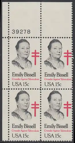 USA Michel 1429 / Scott 1823 postfrisch PLATEBLOCK ECKRAND oben links m/ Platten-# 39278 - Emily Bissell (1861-1948), Kämpferin gegen die Tuberkulose
