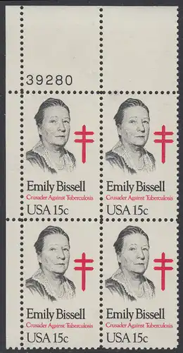 USA Michel 1429 / Scott 1823 postfrisch PLATEBLOCK ECKRAND oben links m/ Platten-# 39280 - Emily Bissell (1861-1948), Kämpferin gegen die Tuberkulose
