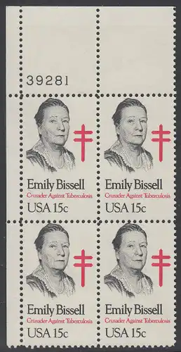 USA Michel 1429 / Scott 1823 postfrisch PLATEBLOCK ECKRAND oben links m/ Platten-# 39281 - Emily Bissell (1861-1948), Kämpferin gegen die Tuberkulose