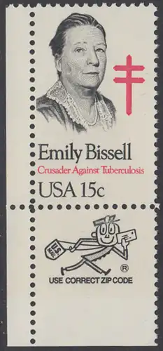 USA Michel 1429 / Scott 1823 postfrisch EINZELMARKE ECKRAND unten links m/ ZIP-Emblem - Emily Bissell (1861-1948), Kämpferin gegen die Tuberkulose