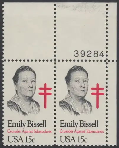 USA Michel 1429 / Scott 1823 postfrisch horiz.PAAR ECKRAND oben rechts m/ Platten-# 39284 - Emily Bissell (1861-1948), Kämpferin gegen die Tuberkulose