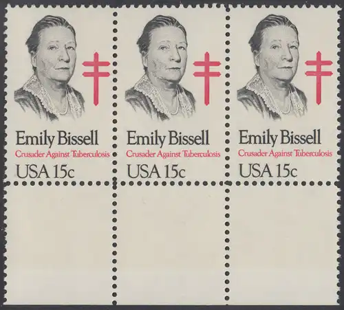 USA Michel 1429 / Scott 1823 postfrisch horiz.STRIP(3) RÄNDER unten - Emily Bissell (1861-1948), Kämpferin gegen die Tuberkulose