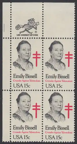 USA Michel 1429 / Scott 1823 postfrisch ZIP-BLOCK (ul) - Emily Bissell (1861-1948), Kämpferin gegen die Tuberkulose