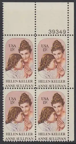 USA Michel 1431 / Scott 1824 postfrisch PLATEBLOCK ECKRAND oben rechts m/ Platten-# 39349 - Anne Sullivan, Blindenlehrerin und ihre Schülerin Helen Keller