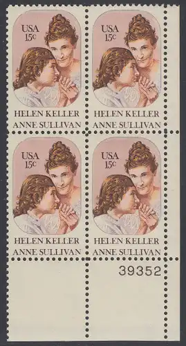 USA Michel 1431 / Scott 1824 postfrisch PLATEBLOCK ECKRAND unten rechts m/ Platten-# 39352 - Anne Sullivan, Blindenlehrerin und ihre Schülerin Helen Keller