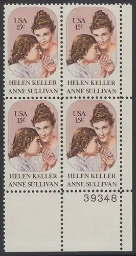 USA Michel 1431 / Scott 1824 postfrisch PLATEBLOCK ECKRAND unten rechts m/ Platten-# 39348 - Anne Sullivan, Blindenlehrerin und ihre Schülerin Helen Keller