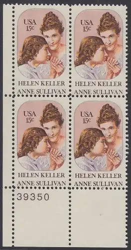 USA Michel 1431 / Scott 1824 postfrisch PLATEBLOCK ECKRAND unten links m/ Platten-# 39350 - Anne Sullivan, Blindenlehrerin und ihre Schülerin Helen Keller