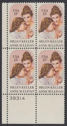 USA Michel 1431 / Scott 1824 postfrisch PLATEBLOCK ECKRAND unten links m/ Platten-# 39314 - Anne Sullivan, Blindenlehrerin und ihre Schülerin Helen Keller