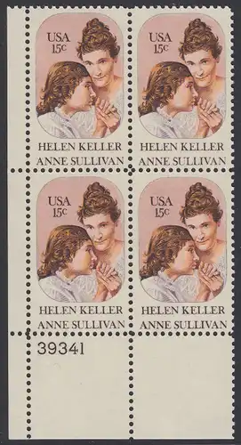 USA Michel 1431 / Scott 1824 postfrisch PLATEBLOCK ECKRAND unten links m/ Platten-# 39341 - Anne Sullivan, Blindenlehrerin und ihre Schülerin Helen Keller