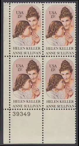 USA Michel 1431 / Scott 1824 postfrisch PLATEBLOCK ECKRAND unten links m/ Platten-# 39346 (b) - Anne Sullivan, Blindenlehrerin und ihre Schülerin Helen Keller