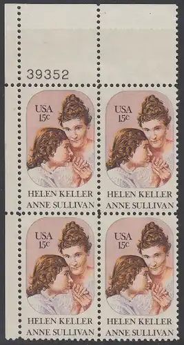 USA Michel 1431 / Scott 1824 postfrisch PLATEBLOCK ECKRAND oben links m/ Platten-# 39352 - Anne Sullivan, Blindenlehrerin und ihre Schülerin Helen Keller