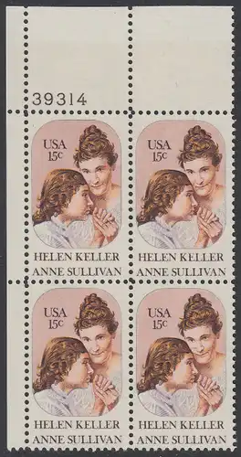 USA Michel 1431 / Scott 1824 postfrisch PLATEBLOCK ECKRAND oben links m/ Platten-# 39314 - Anne Sullivan, Blindenlehrerin und ihre Schülerin Helen Keller