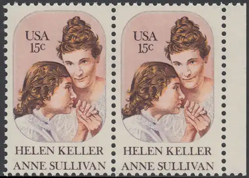 USA Michel 1431 / Scott 1824 postfrisch horiz.PAAR RAND rechts - Anne Sullivan, Blindenlehrerin und ihre Schülerin Helen Keller