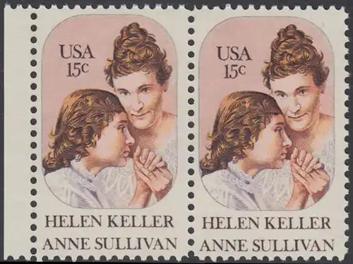 USA Michel 1431 / Scott 1824 postfrisch horiz.PAAR RAND links - Anne Sullivan, Blindenlehrerin und ihre Schülerin Helen Keller