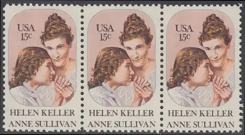 USA Michel 1431 / Scott 1824 postfrisch horiz.STRIP(3) - Anne Sullivan, Blindenlehrerin und ihre Schülerin Helen Keller