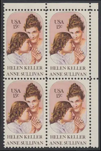 USA Michel 1431 / Scott 1824 postfrisch BLOCK ECKRAND oben rechts - Anne Sullivan, Blindenlehrerin und ihre Schülerin Helen Keller