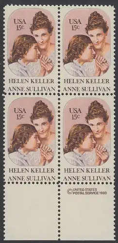 USA Michel 1431 / Scott 1824 postfrisch BLOCK RÄNDER unten m/ copyright symbol - Anne Sullivan, Blindenlehrerin und ihre Schülerin Helen Keller