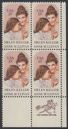USA Michel 1431 / Scott 1824 postfrisch ZIP-BLOCK (lr) - Anne Sullivan, Blindenlehrerin und ihre Schülerin Helen Keller