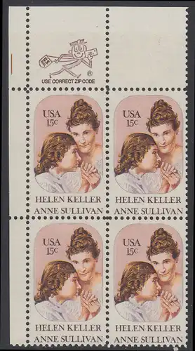 USA Michel 1431 / Scott 1824 postfrisch ZIP-BLOCK (ul) - Anne Sullivan, Blindenlehrerin und ihre Schülerin Helen Keller