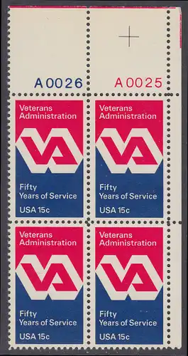 USA Michel 1432 / Scott 1825 postfrisch PLATEBLOCK ECKRAND oben rechts m/ Platten-# A0025 (a) - 50 Jahre Veteranenverwaltung