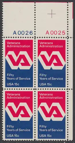 USA Michel 1432 / Scott 1825 postfrisch PLATEBLOCK ECKRAND oben rechts m/ Platten-# A0025 (c) - 50 Jahre Veteranenverwaltung