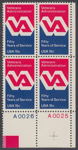 USA Michel 1432 / Scott 1825 postfrisch PLATEBLOCK ECKRAND unten rechts m/ Platten-# A0025 (a) - 50 Jahre Veteranenverwaltung