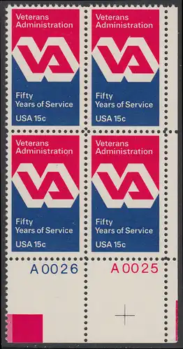 USA Michel 1432 / Scott 1825 postfrisch PLATEBLOCK ECKRAND unten rechts m/ Platten-# A0025 (b) - 50 Jahre Veteranenverwaltung