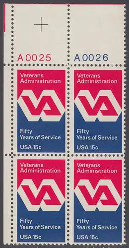 USA Michel 1432 / Scott 1825 postfrisch PLATEBLOCK ECKRAND oben links m/ Platten-# A0025 - 50 Jahre Veteranenverwaltung