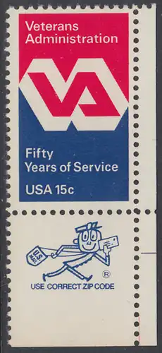 USA Michel 1432 / Scott 1825 postfrisch EINZELMARKE ECKRAND unten rechts m/ ZIP-Emblem - 50 Jahre Veteranenverwaltung