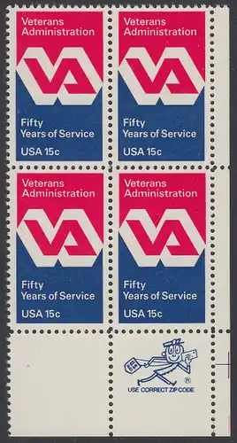 USA Michel 1432 / Scott 1825 postfrisch ZIP-BLOCK (lr) - 50 Jahre Veteranenverwaltung
